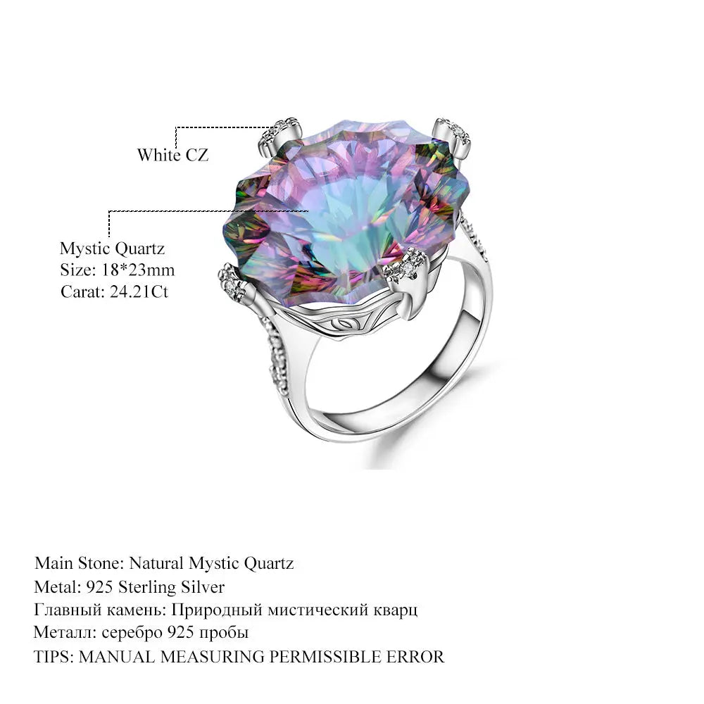 Natural Mystic Quartz Statement Ring – 24 Carat Rainbow Quartz in 925 Sterling Silver Pearl Unique