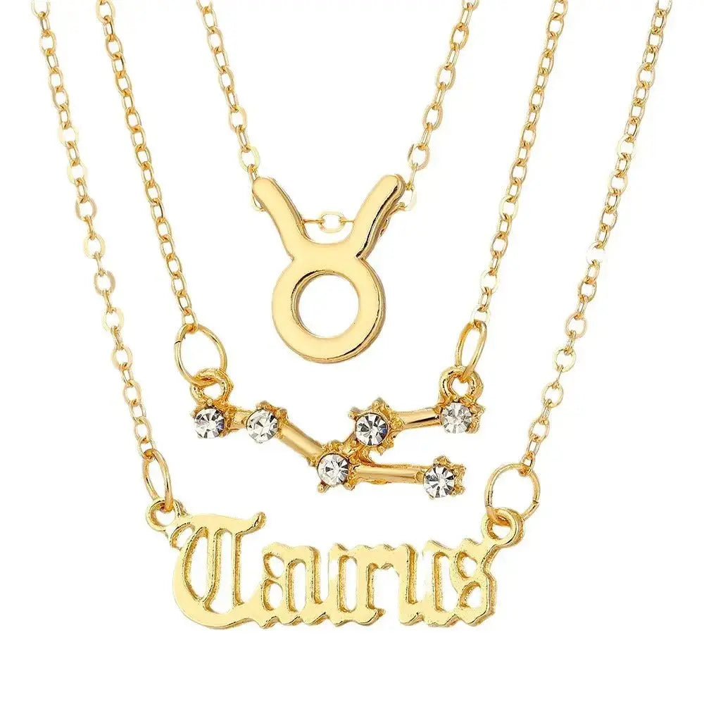 3 - piece Set of 12 Constellations Jewelry Alloy Necklace Women's Multi - layer Gold Diamond Necklace Jewelry - Pearl Unique