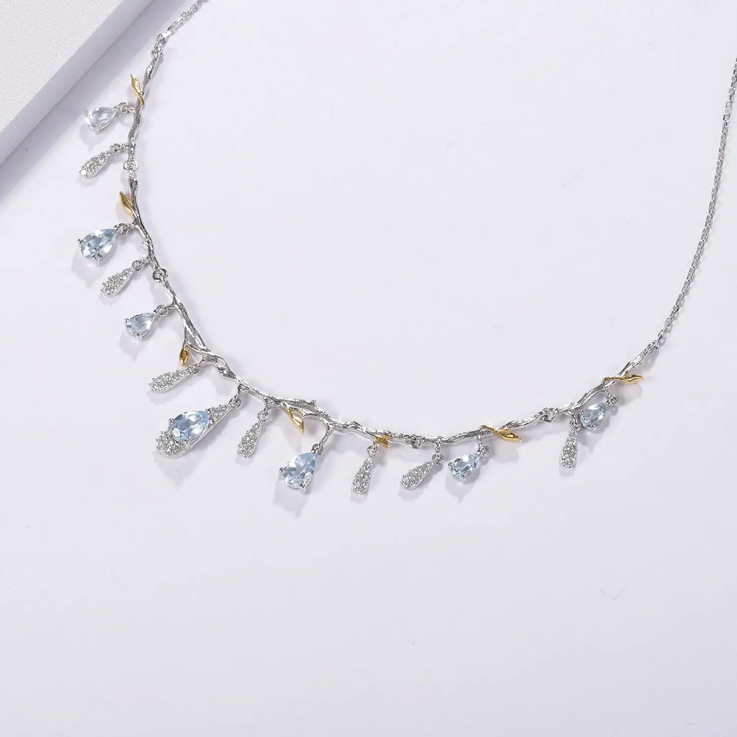 Natural Sky Blue Topaz & CZ Drop Necklace – Sterling Silver with Gold Accents Pearl Unique