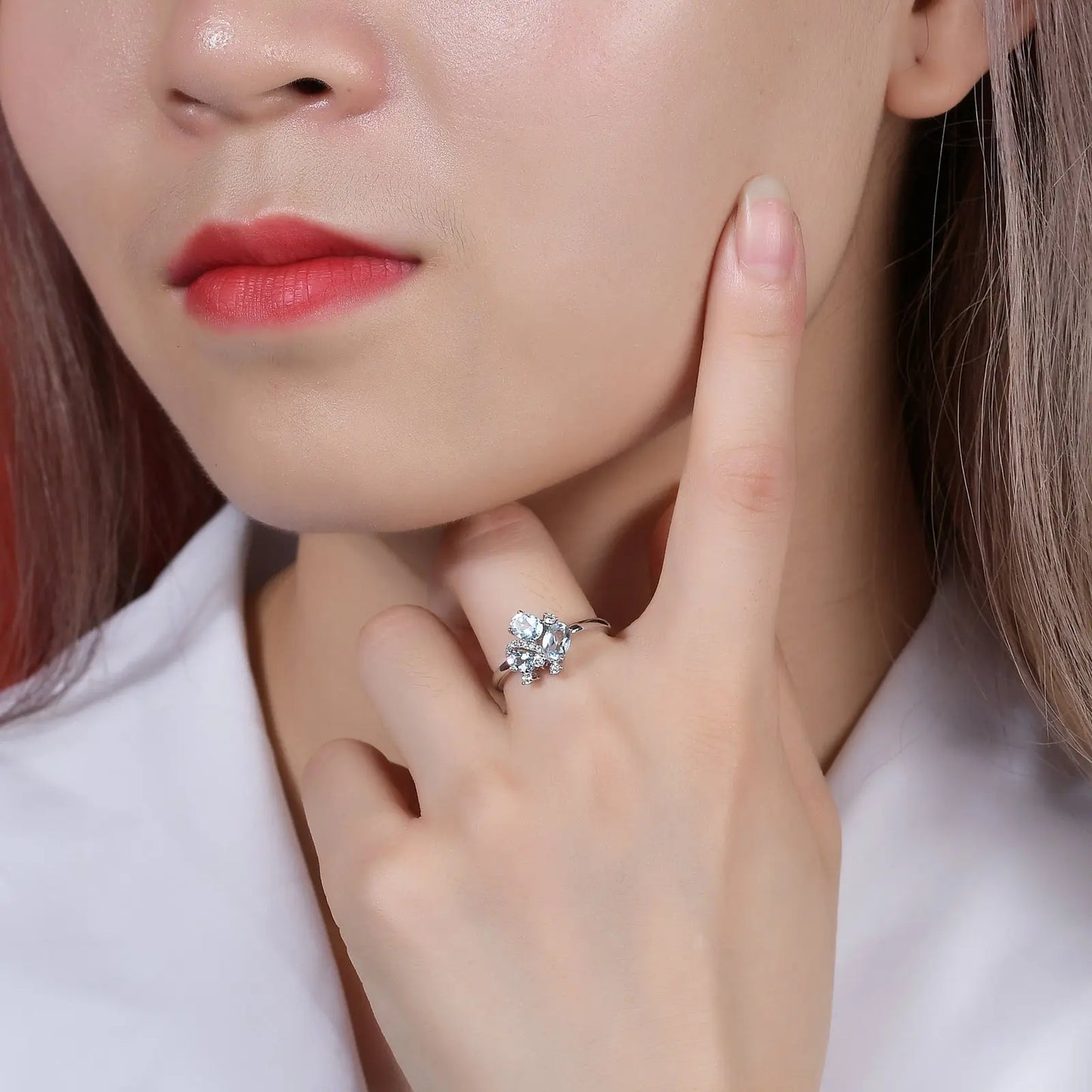 18K Gold Natural Blue Topaz Ring – Dainty Gemstone Cluster Ring (9K/10K/14K/18K Options) Pearl Unique