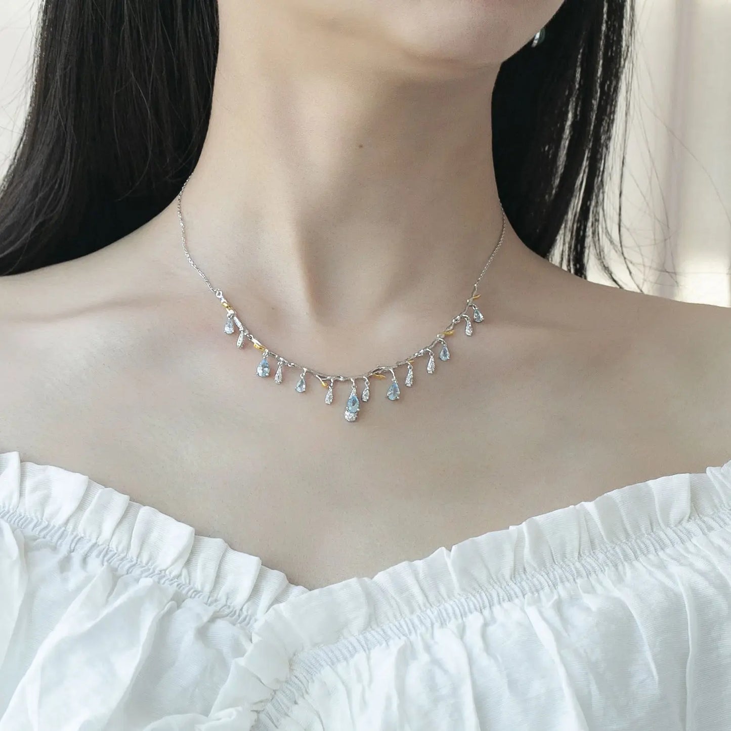 Natural Sky Blue Topaz & CZ Drop Necklace – Sterling Silver with Gold Accents Pearl Unique