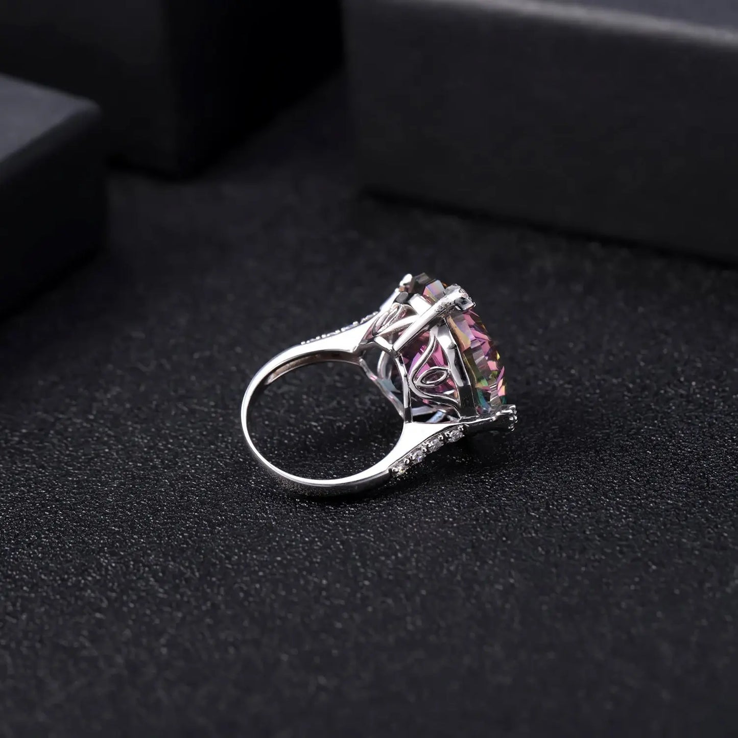 Natural Mystic Quartz Statement Ring – 24 Carat Rainbow Quartz in 925 Sterling Silver Pearl Unique