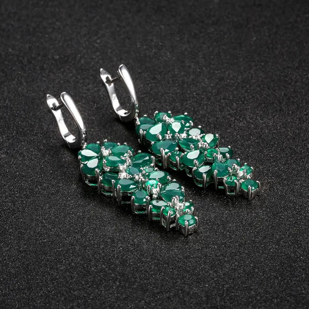 Natural Gemstone Drop Earrings – 925 Sterling Silver Long Earrings (Blue Topaz / Green Agate / Garnet) Pearl Unique