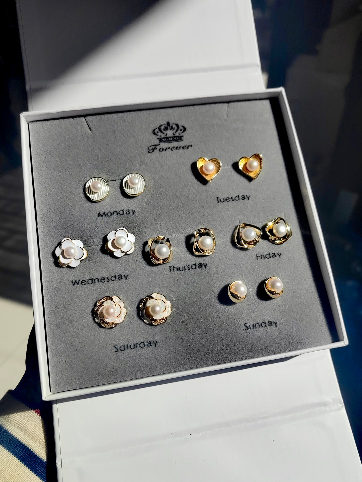 Weekly Pearl Stud Earrings Gift Box Set