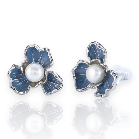 Blue Flower  Colour Enamels Pearl Stud Earring