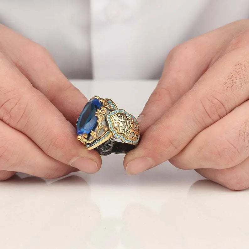 Simple High-end Two-color Jewelry Engraved Pattern Tourmaline Devil Gold-plated Imitation Blue Gemstone Ring Pearl Unique