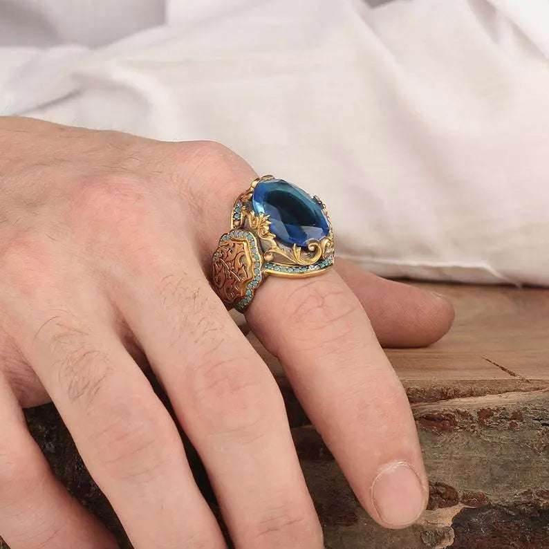 Simple High-end Two-color Jewelry Engraved Pattern Tourmaline Devil Gold-plated Imitation Blue Gemstone Ring Pearl Unique