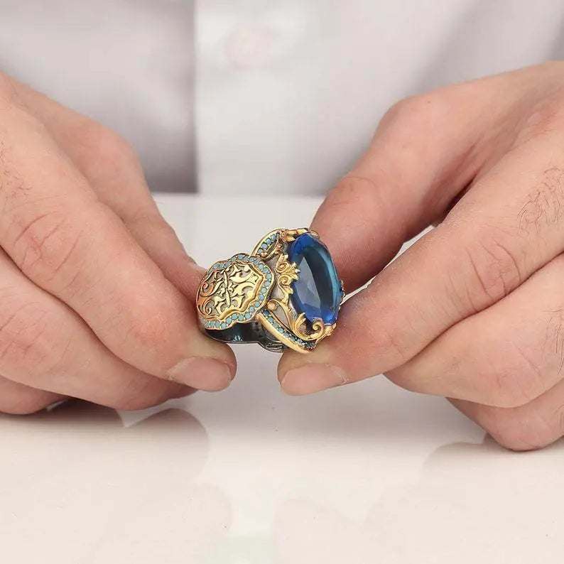 Simple High-end Two-color Jewelry Engraved Pattern Tourmaline Devil Gold-plated Imitation Blue Gemstone Ring Pearl Unique