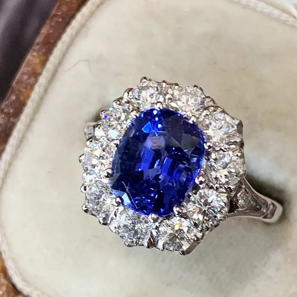Imitation Natural Royal Sapphire Zircon Ring Women's Copper-plated Platinum Luxury Wedding Jewelry Pearl Unique