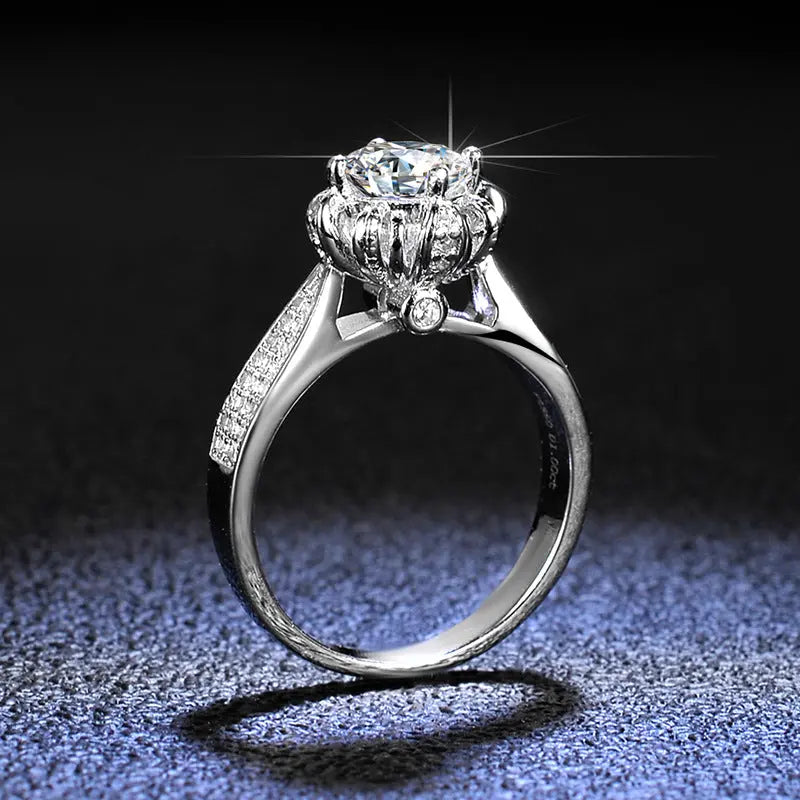 Floral-Inspired 6-Prong Round Cut in Sterling Silver - Lab-Created Moissanite Flower Halo Engagement Ring Pearl Unique