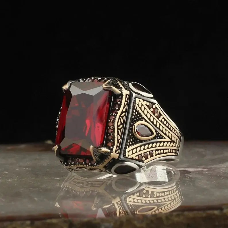 Wholesale Wish Alloy Red Zircon Craftsman Diamond Men's Retro Ring Pearl Unique