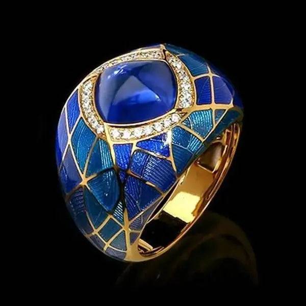 Fashionable designed blue gemstone inlaid zirconium rings retro dripping oil design jewelry. - Pearl Unique