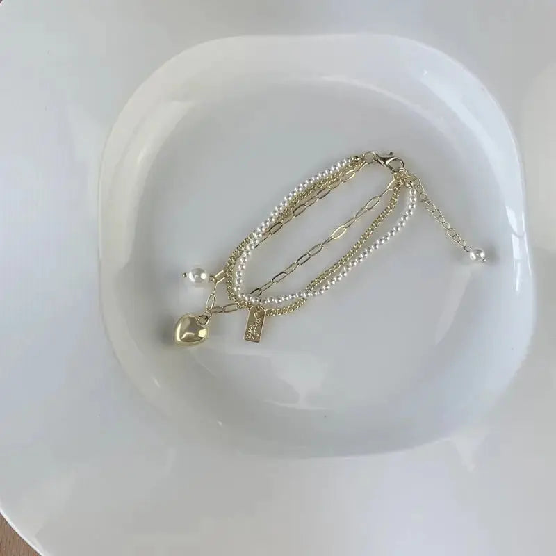 Multi - layer Love Niche Design Jewelry Beads Retro Creative Copper Plated Real Gold Bracelet - Pearl Unique