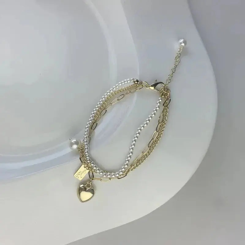 Multi - layer Love Niche Design Jewelry Beads Retro Creative Copper Plated Real Gold Bracelet - Pearl Unique