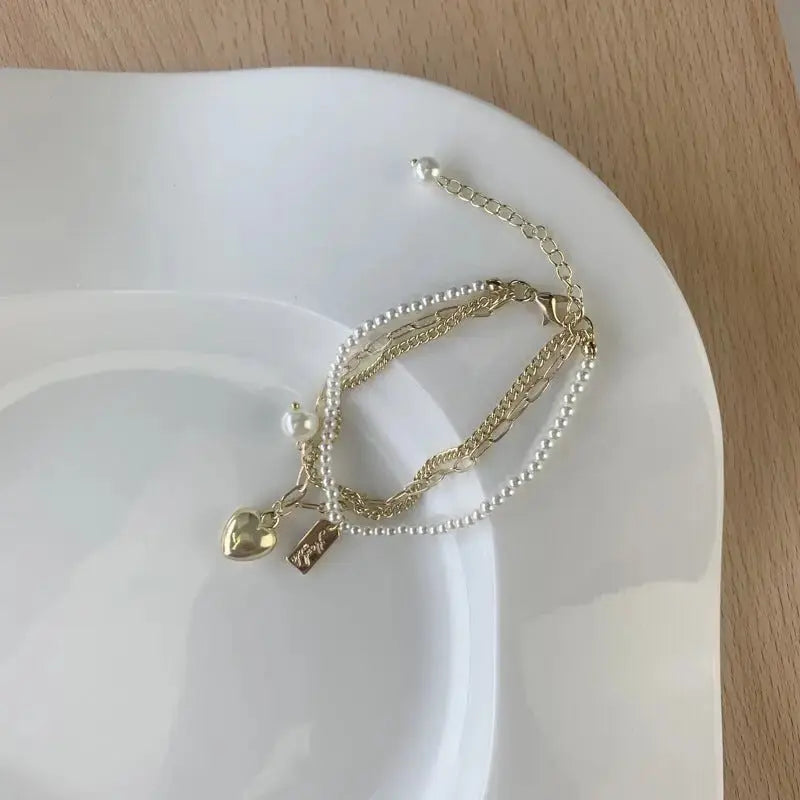 Multi - layer Love Niche Design Jewelry Beads Retro Creative Copper Plated Real Gold Bracelet - Pearl Unique