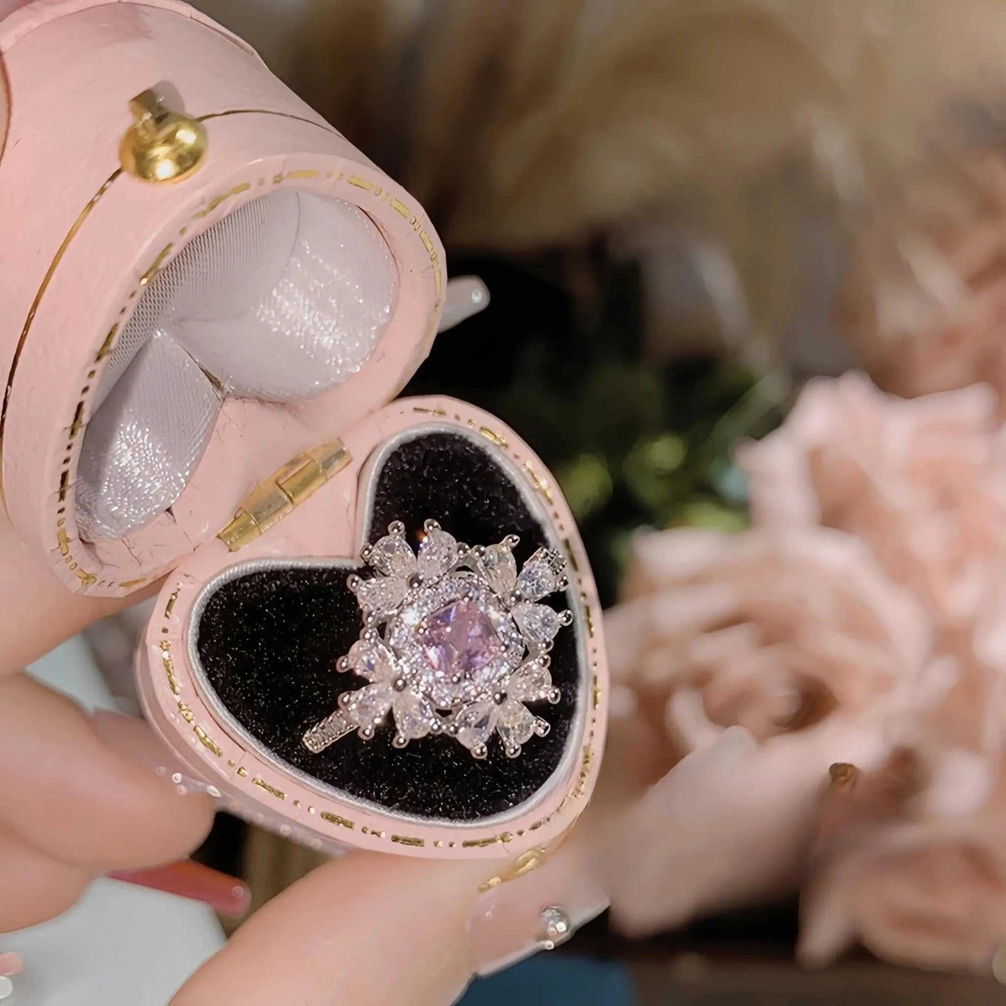 Princess on the Run Gold Plated Ascher Square Zirconium Ring, Pink Vintage Ring Imitation Papalacha - Pearl Unique