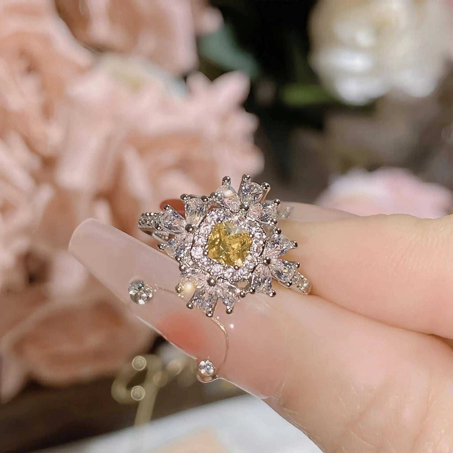 Princess on the Run Gold Plated Ascher Square Zirconium Ring, Pink Vintage Ring Imitation Papalacha - Pearl Unique