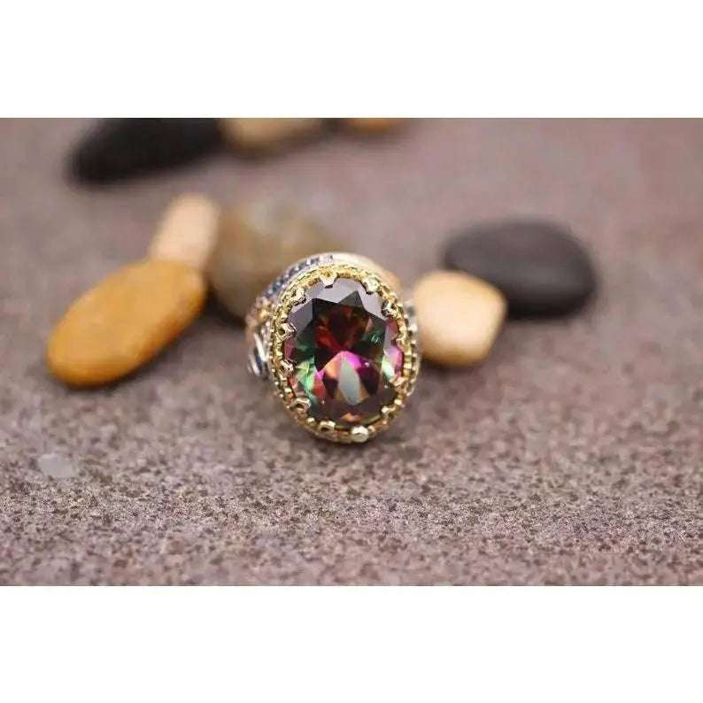 Retro colored diamond vintage retro gemstone ring two - color gold - plated wide - sided ring - Pearl Unique