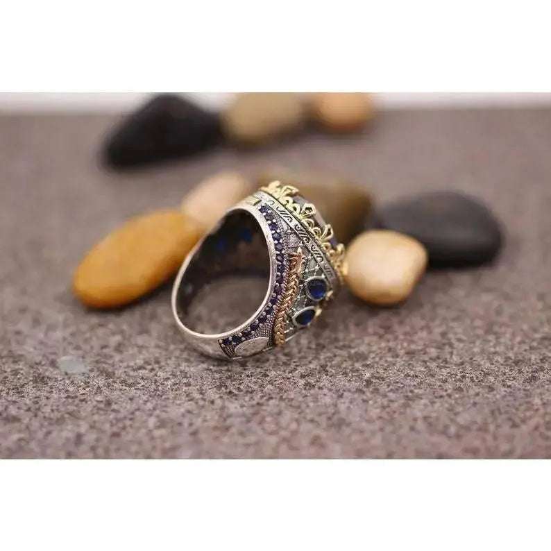 Retro colored diamond vintage retro gemstone ring two - color gold - plated wide - sided ring - Pearl Unique