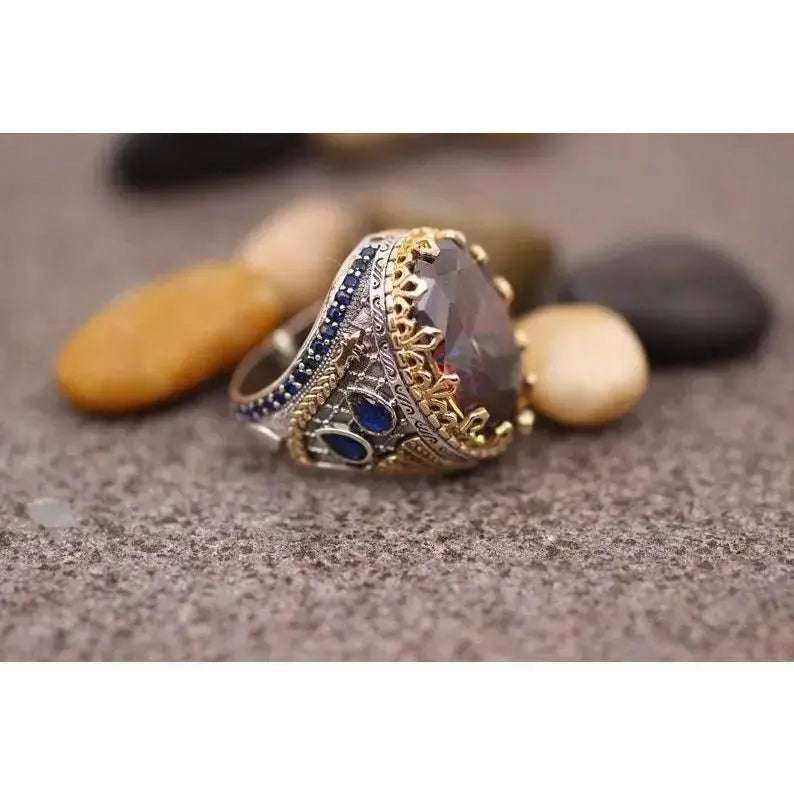 Retro colored diamond vintage retro gemstone ring two - color gold - plated wide - sided ring - Pearl Unique
