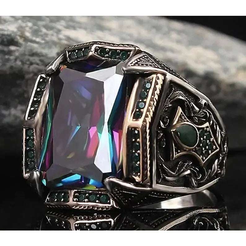 Retro punk style card wheel new alloy hand jewelry alloy electroplated men's ring - Pearl Unique