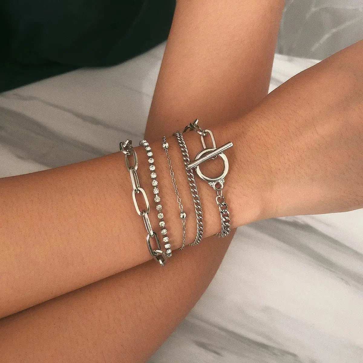 Simple Geometric OT Buckle Versatile Jewelry, Creative Mix and Match Diamond - encrusted Round Bead Multi - layer Bracelet and Necklace Set - Pearl Unique