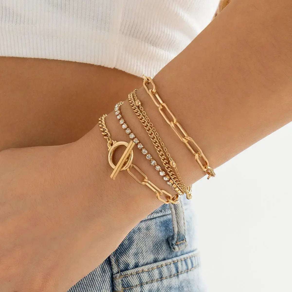 Simple Geometric OT Buckle Versatile Jewelry, Creative Mix and Match Diamond - encrusted Round Bead Multi - layer Bracelet and Necklace Set - Pearl Unique