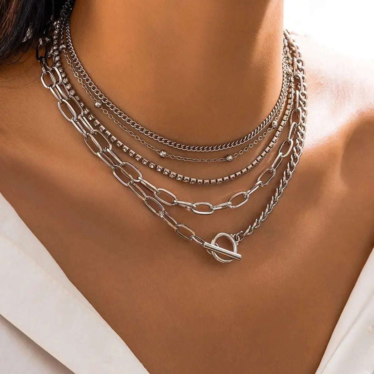Simple Geometric OT Buckle Versatile Jewelry, Creative Mix and Match Diamond - encrusted Round Bead Multi - layer Bracelet and Necklace Set - Pearl Unique