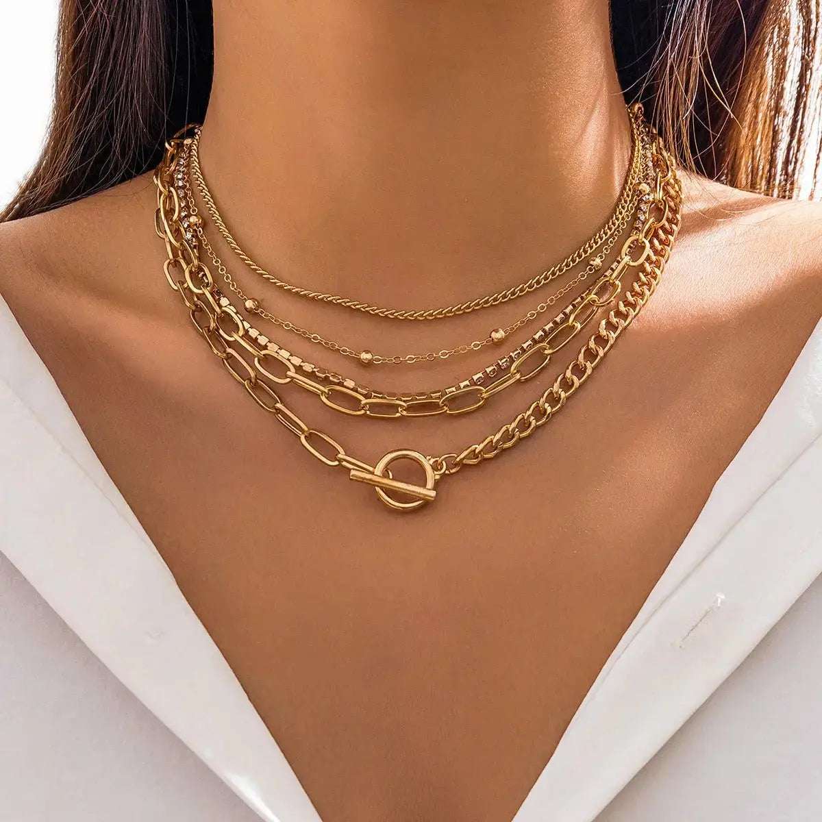 Simple Geometric OT Buckle Versatile Jewelry, Creative Mix and Match Diamond - encrusted Round Bead Multi - layer Bracelet and Necklace Set - Pearl Unique