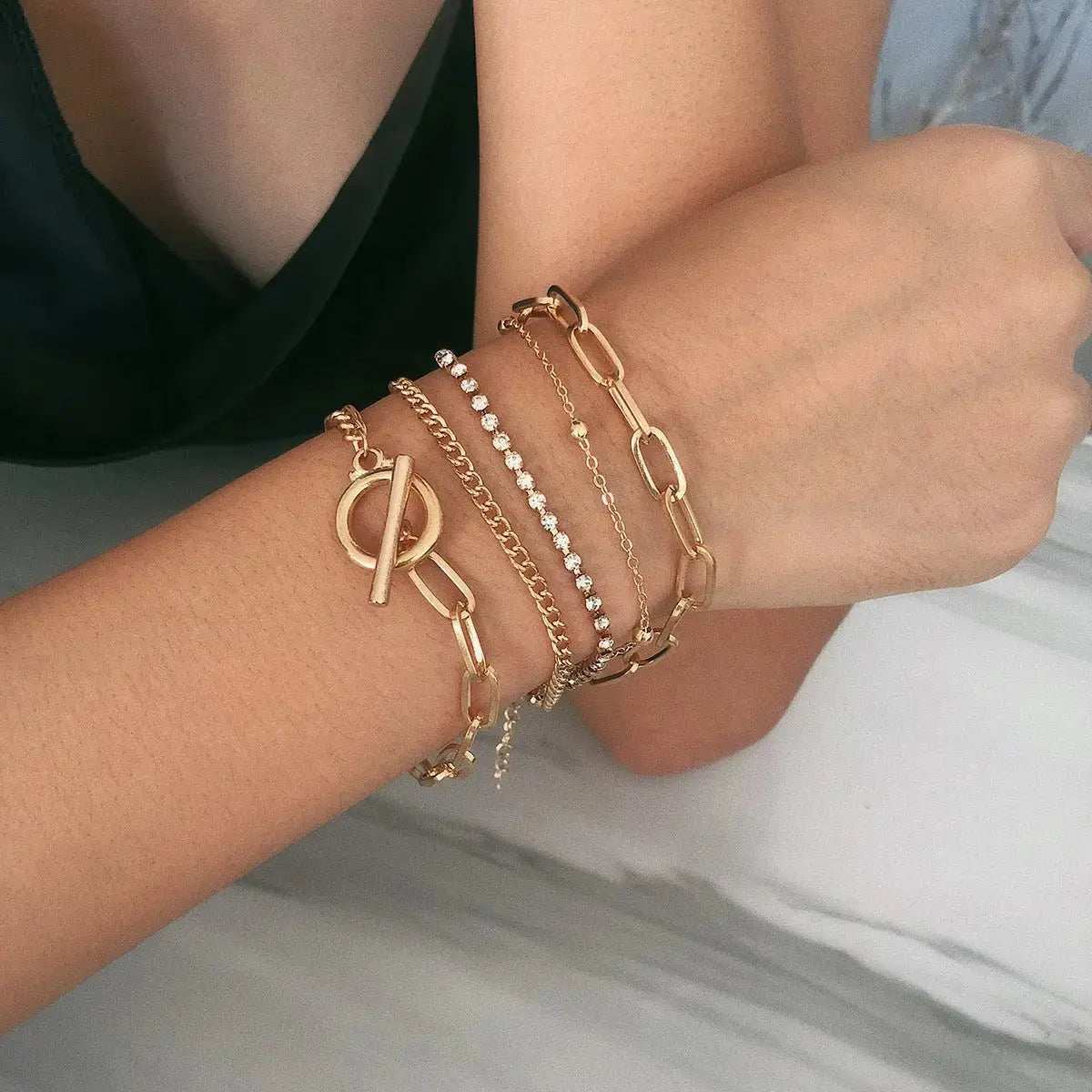 Simple Geometric OT Buckle Versatile Jewelry, Creative Mix and Match Diamond - encrusted Round Bead Multi - layer Bracelet and Necklace Set - Pearl Unique