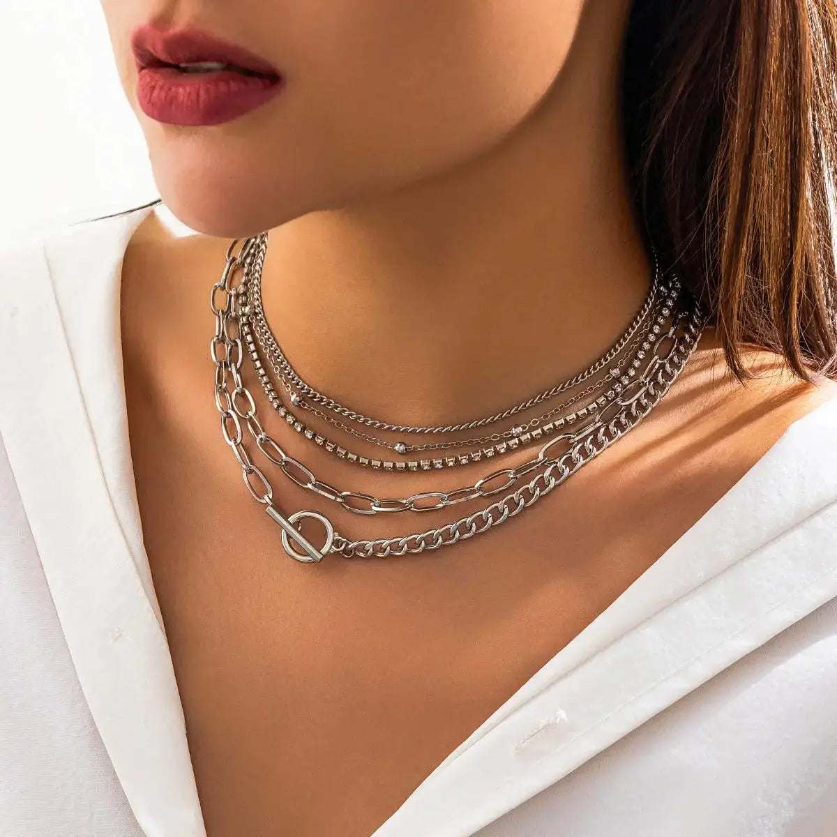 Simple Geometric OT Buckle Versatile Jewelry, Creative Mix and Match Diamond - encrusted Round Bead Multi - layer Bracelet and Necklace Set - Pearl Unique