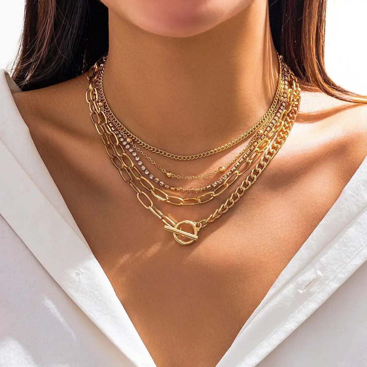 Simple Geometric OT Buckle Versatile Jewelry, Creative Mix and Match Diamond - encrusted Round Bead Multi - layer Bracelet and Necklace Set - Pearl Unique