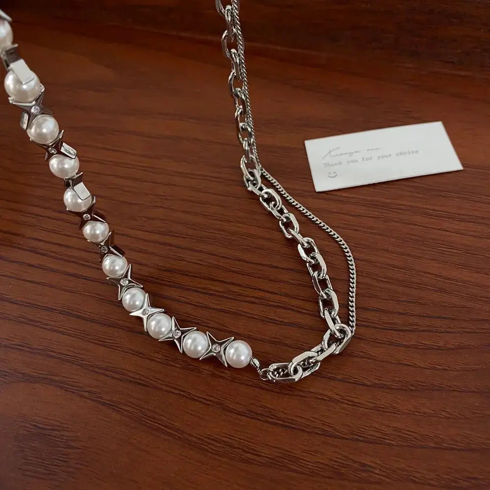 Sweet and Cool Tetragonal Star Unique Pearl Jewelry Chain Splicing Bracelet Necklace Set - Pearl Unique