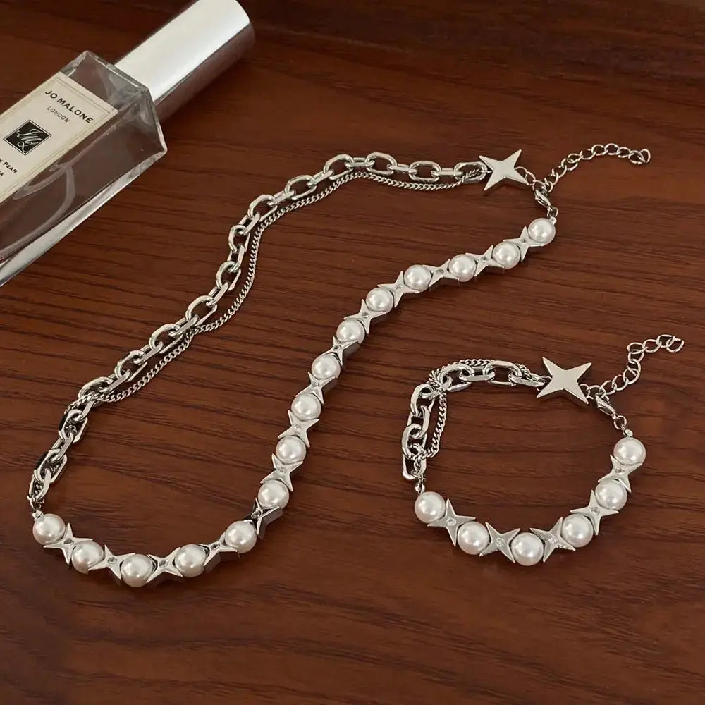 Sweet and Cool Tetragonal Star Unique Pearl Jewelry Chain Splicing Bracelet Necklace Set - Pearl Unique