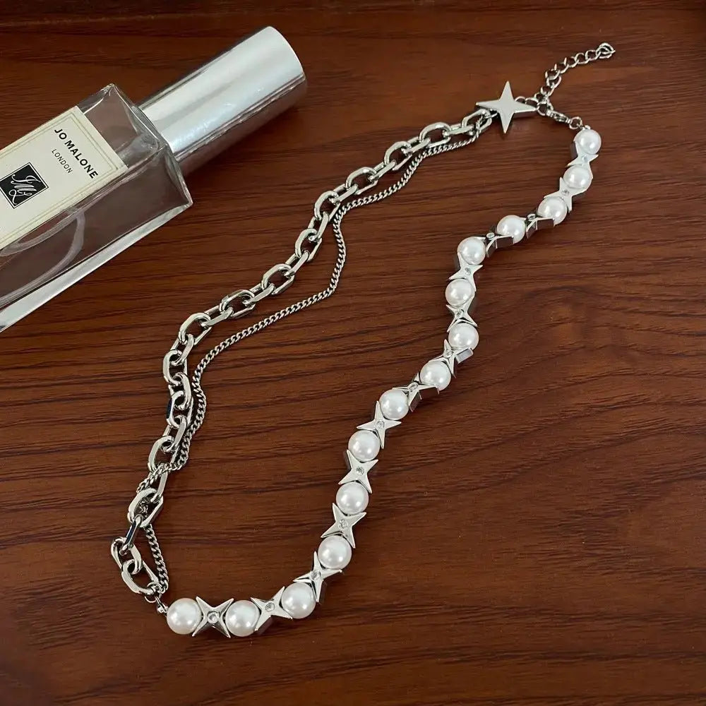 Sweet and Cool Tetragonal Star Unique Pearl Jewelry Chain Splicing Bracelet Necklace Set - Pearl Unique