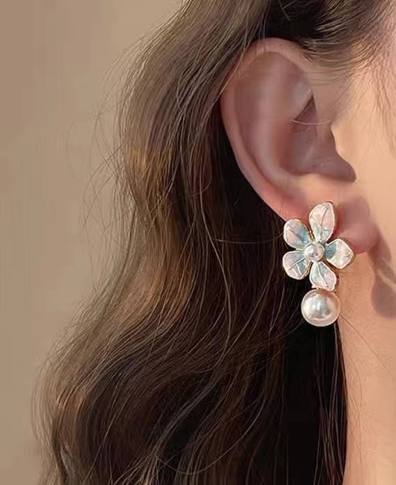 Oil Painting Flower Pearl Ear Ring - Pearl Unique