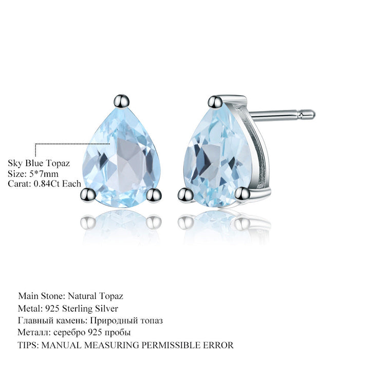Natural Swiss Blue Topaz Pear Stud Earrings â€?925 Sterling Silver Minimalist Gemstone Jewelry Pearl Unique