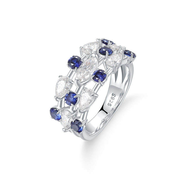 S925 silver statement ring with lab-created sapphires and moissanite stones