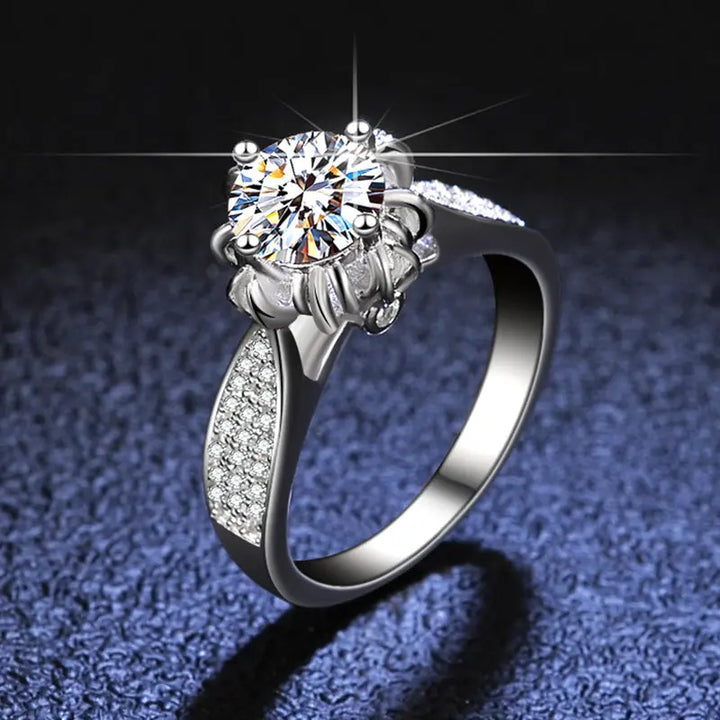 Floral-Inspired 6-Prong Round Cut in Sterling Silver - Lab-Created Moissanite Flower Halo Engagement Ring Pearl Unique