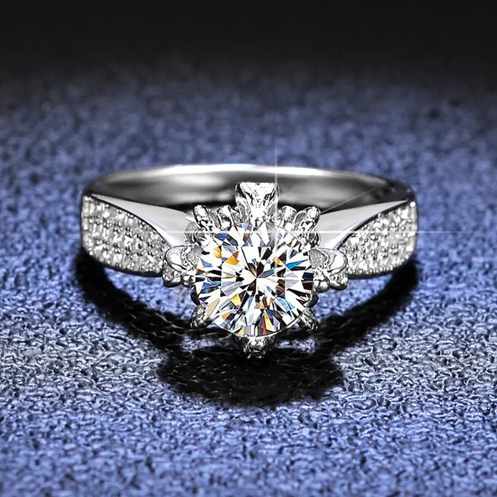 Floral-Inspired 6-Prong Round Cut in Sterling Silver - Lab-Created Moissanite Flower Halo Engagement Ring Pearl Unique