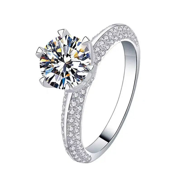 Lab-Created Moissanite Engagement Ring – Classic 6-Prong Round Cut with Pavé Band in Sterling Silver Pearl Unique