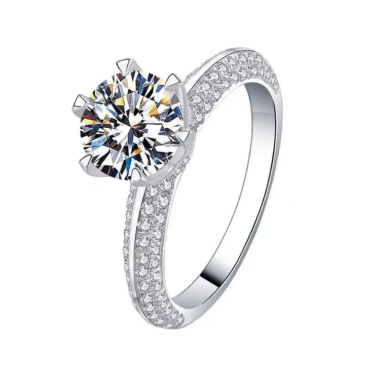 Lab-Created Moissanite Engagement Ring – Classic 6-Prong Round Cut with Pavé Band in Sterling Silver Pearl Unique