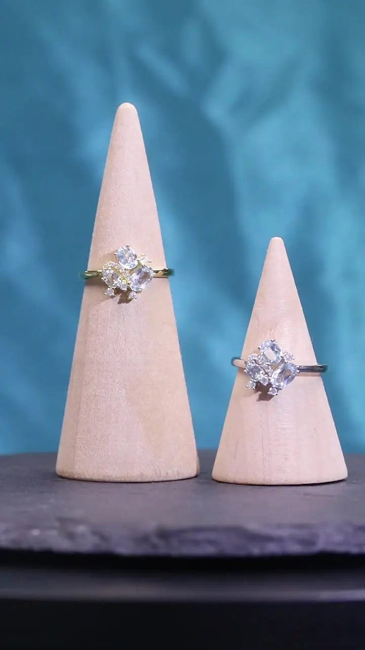 18K Gold Natural Blue Topaz Ring â€?Dainty Gemstone Cluster Ring (9K/10K/14K/18K Options) Pearl Unique