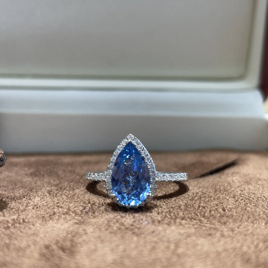 ab-Created Blue Sapphire Teardrop Halo Ring – Pear Cut Simulated Gemstone Engagement Ring in Sterling Silver Pearl Unique