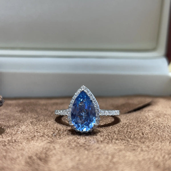 ab-Created Blue Sapphire Teardrop Halo Ring â€?Pear Cut Simulated Gemstone Engagement Ring in Sterling Silver Pearl Unique