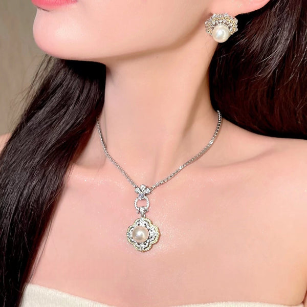 Silver-plated pearl and crystal jewelry set for women, featuring a necklace and matching stud earrings