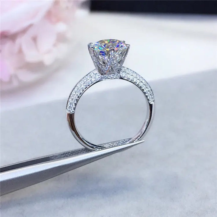 Lab-Created Moissanite Engagement Ring – Classic 6-Prong Round Cut with Pavé Band in Sterling Silver Pearl Unique