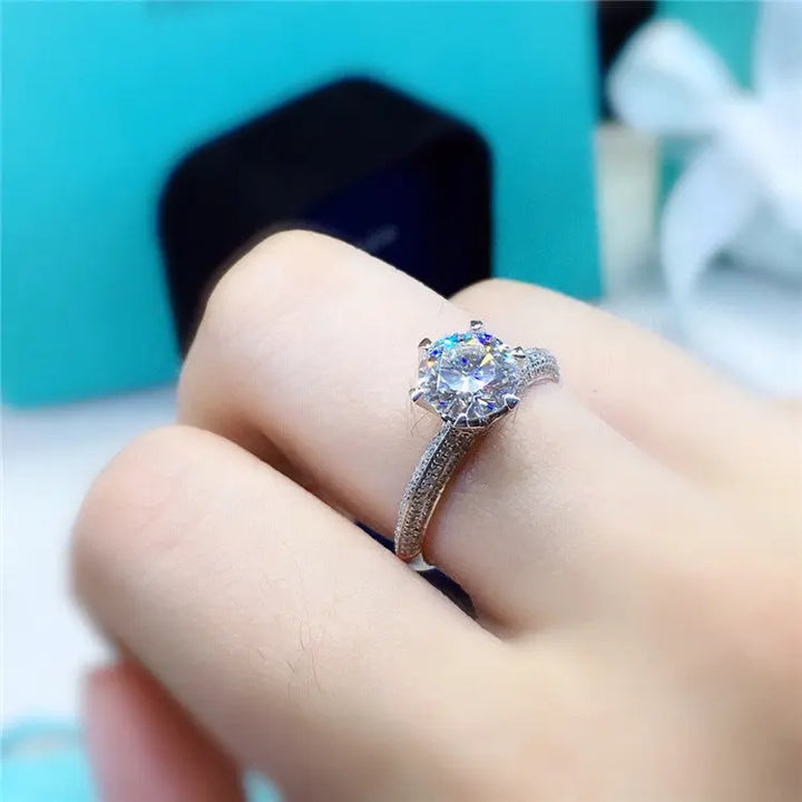 Lab-Created Moissanite Engagement Ring – Classic 6-Prong Round Cut with Pavé Band in Sterling Silver Pearl Unique