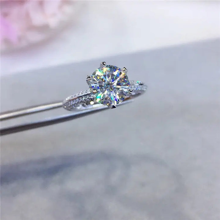 Lab-Created Moissanite Engagement Ring – Classic 6-Prong Round Cut with Pavé Band in Sterling Silver Pearl Unique