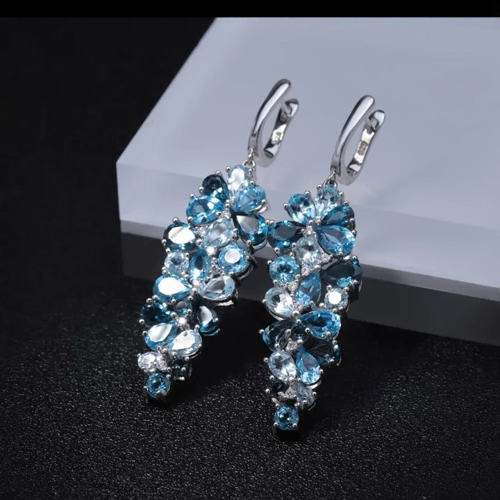 Natural Gemstone Drop Earrings â€?925 Sterling Silver Long Earrings (Blue Topaz / Green Agate / Garnet) Pearl Unique